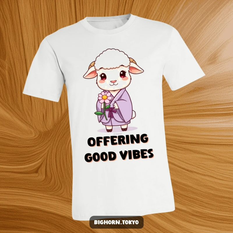 Funny sheep in a lavender kimono, gently offering a stylized flower, symbolizing kindness and lighthearted humor.