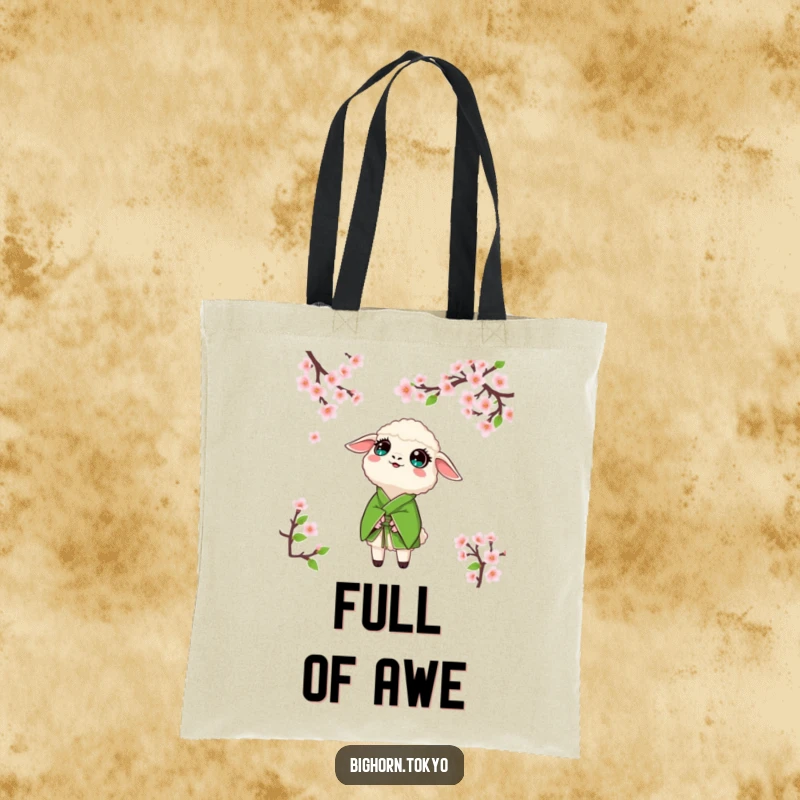 Funny sheep in a green kimono, looking up with wide, amazed eyes at cherry blossoms, a charming and humorous tote.