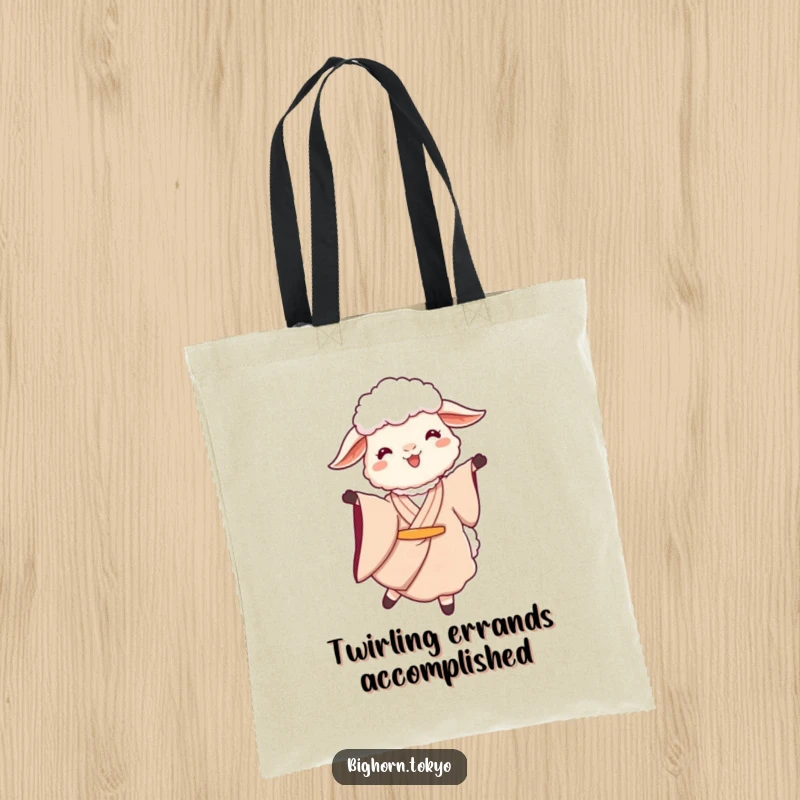 Funny Sheep Kimono Twirl Tote Bag: A chic tote with a funny sheep in a kimono gracefully twirling, perfect for carrying artistic flair.